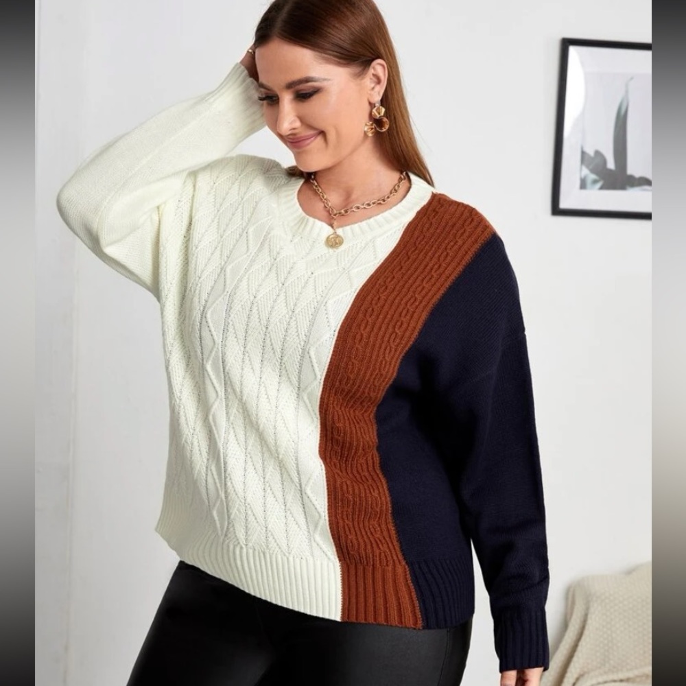 SHEIN Plus Colorblock Drop Shoulder Cable Knit Sweater